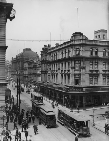 Electric Tram, George Street, David Jones Corner from The Powerhouse Museum Collection, c. 1900