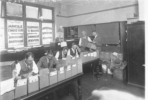 Commonwealth clerks counting votes at a federal election, West Sydney Electoral Office, 1930
