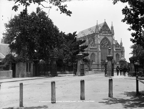 St Mary's Cathedral and entrance to Domain, Sydney from The Powerhouse Museum Collection, c. 1900