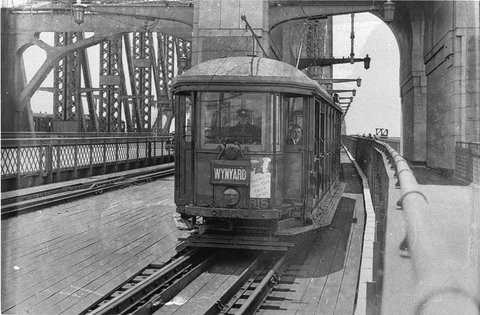 Wynyard-bound tram on Harbour Bridge (now twin roadways to Cahill Expressway), 1930-1939 - by Ted Hood, 1935