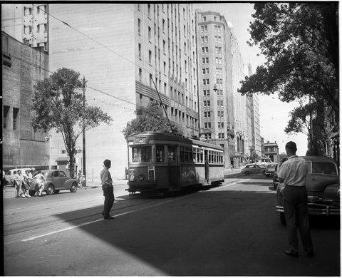 Last day of trams, covered in graffiti, Rural Bank tram stop, corner Martin Place and Elizabeth Street, Sydney, 25 February 1961 - unknown photographer
