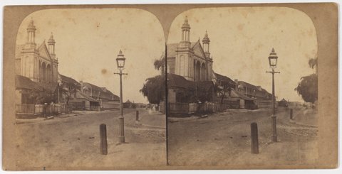 Macquarie Street South (1859) (Taken from corner of Hunter & Macquarie Streets, looking south. St. Stephens Presbyterian Iron Church on left), c. 1858