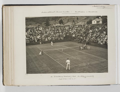 View of Grandstand, International Tennis Match- Australia vs America, Double Bay, NSW, 27 November 1909, Allen family Album No. 52