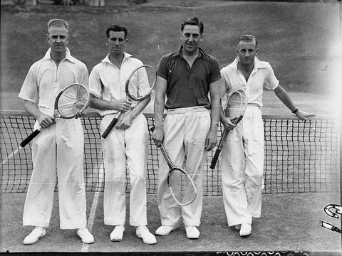 Group of four unidentified players at the nets, ca.1926, Sam Hood, c. 1926
