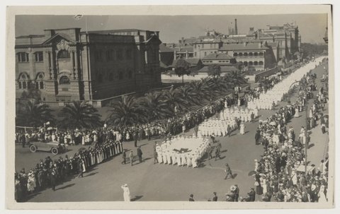 V.A.D. procession Red Cross Day 28th April 1918 - Photo taken by Jas Spence, Turramurra from top of Library Building