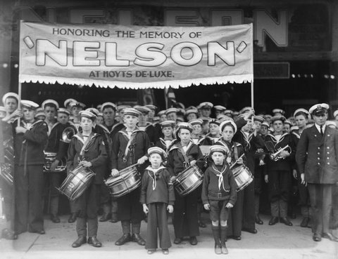 Naval League cadets in uniform march to Hoyts De Luxe Cinema, George Street, Sydney for the film "Nelson", 4 August 1928 - photographer Sam Hood