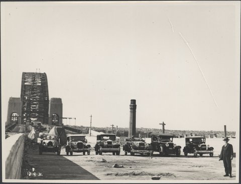 Six cars side-by-side on the Sydney Harbour Bridge, 1931