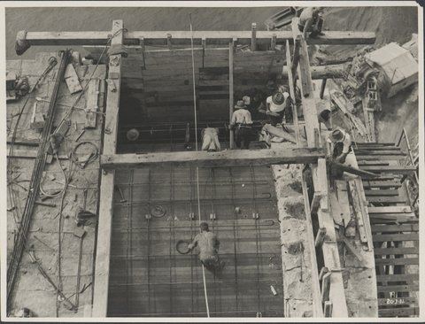 Laying the formwork for a tunnel near one of the abutments, 1931