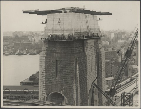 Southern pylon of the Harbour Bridge being washed, 1932
