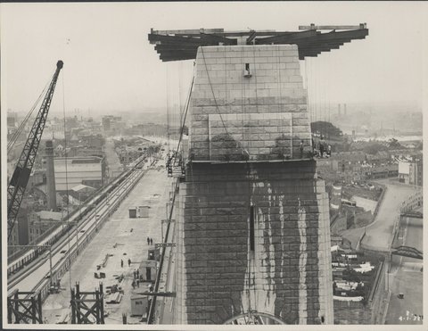 Southern pylon of the Harbour Bridge being washed, 1932