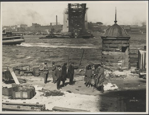 Dignitaries viewing the construction of the Sydney Harbour Bridge, 1930