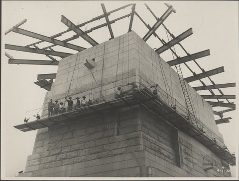Southern pylon of the Harbour Bridge being washed, 1932