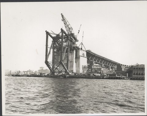 Southern approach to Sydney Harbour Bridge from the water, 1929