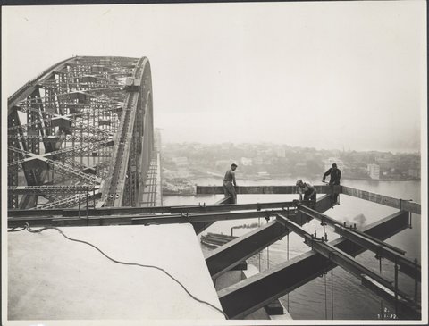 Workmen attaching the supports to a pylon of the Sydney Harbour Bridge, 1932