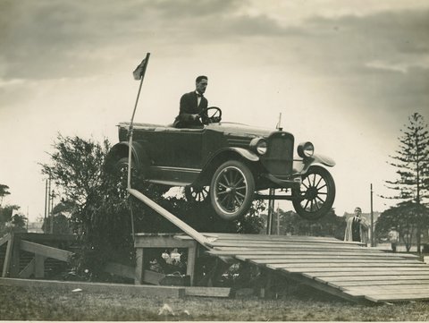Overland car jumping a "fallen bridge" in a promotional stunt, 1920 - 1929, 1920s
