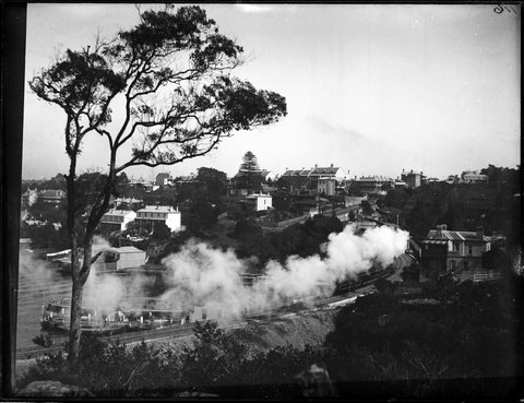 Lavender Bay with steam train, 1900