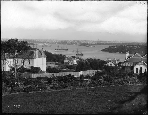 Sydney Harbour scene with housing development, 1900