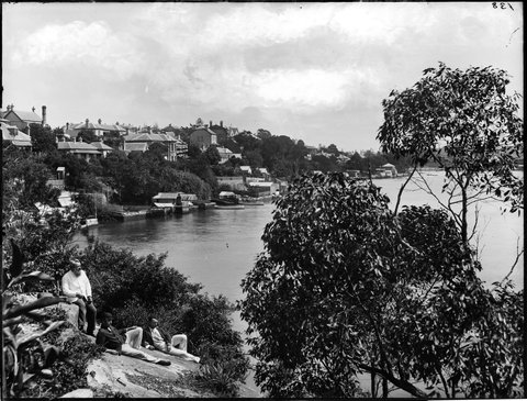 Sydney Harbour side scene, Federation style houses, 1900