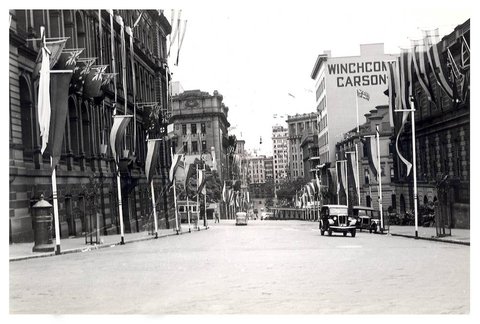 Flags on Bridge Street- “Australia's March to Nationhood” Australian 150th Anniversary Celebration, 1938