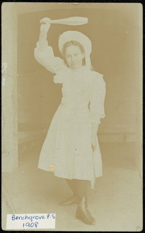 Birchgrove Public School - Florrie (Freeman) giving salute with clubs, c. 1908