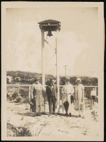 Dee Why Public School - Mrs Corfield (who donated the bell), Mr Frank Sergeant (Principal), Mrs F. Dennett (Secretary of P&C (Parents and Citizens) Association), 1926?