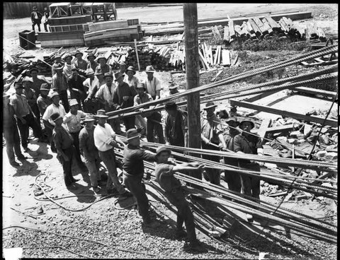 Group of workmen at Glebe Island silo construction site, New South Wales A.G. Foster, 1920