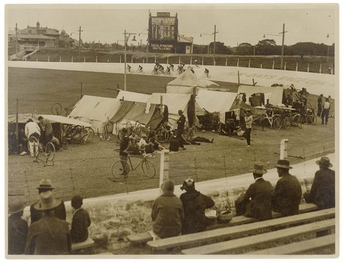 Cycle races, including a six days race, at a Sydney velodrome, Moore Park, by Sam Hood, c. 1936