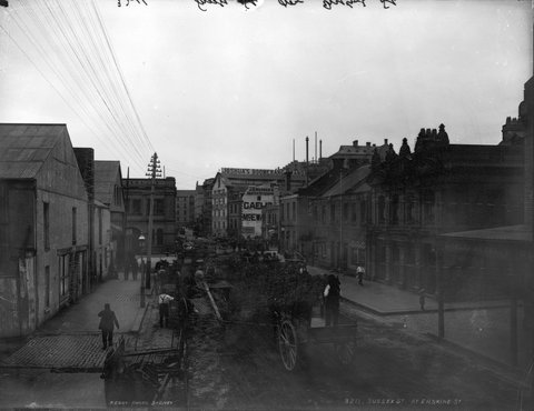 Sussex Street at Erskine Street, c. 1900