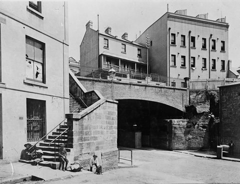 Sitting on the Playfair Stairs, The Rocks, c. 1900