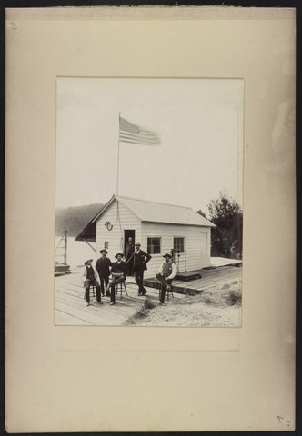 E.K. Morse, S.V. Ryland, and others outside the office of Ryland & Morse for the Hawkesbury River Railway Bridge project, Bangar Island, New South Wales, Australia LCCN2016651643, 1887