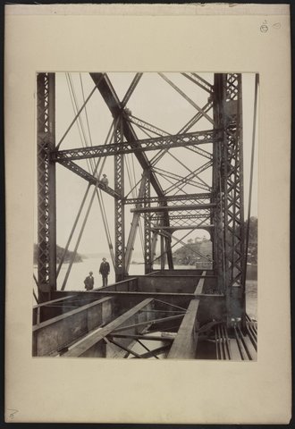 Newly installed span of Hawkesbury River Railway Bridge, New South Wales, Australia, with men posed on it, probably E.K. Morse and S.V. Ryland LCCN2016651647, 1888