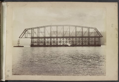 Span number 5 of Hawkesbury River Railway Bridge, New South Wales, Australia, atop timber framework on pontoon, moves towards piers) - C. Bayliss photo, Sydney LCCN2016651663, 1888