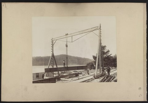 Men working with pulley system to move iron beams used for Hawkesbury River Railway Bridge project, New South Wales, Australia LCCN2016651678, 1887
