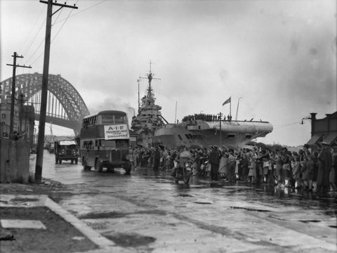 Convoy of repatriated POWs departing after being unloaded from HMS Formidable in October 1945