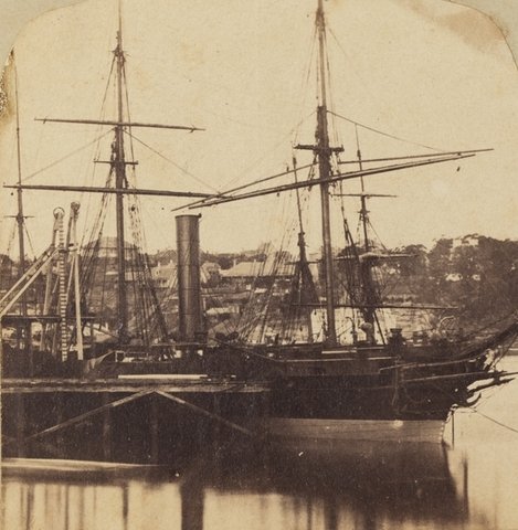 At the ‘Dry Docks’, the Bombay alongside (1862) (Close-up of P&O Bombay at Mort’s Dock, Balmain) (cropped)