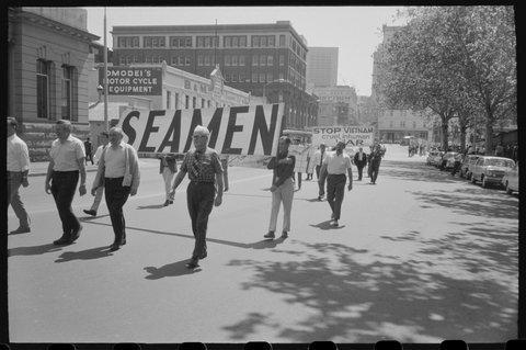 March with different union representatives at George St, Sydney, NSW 05, 1969