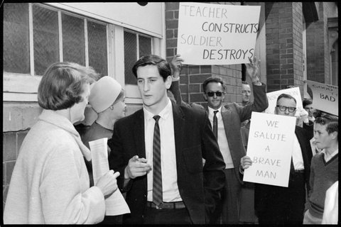 Anti-Vietnam war conscription for a teacher with his parents at Town Hall, Sydney, NSW 4, 1966