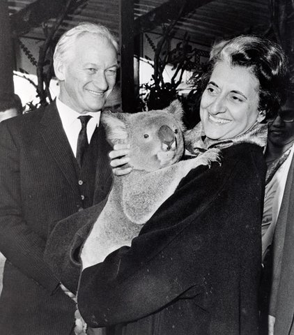 Indian Prime Minister Indira Gandhi with Sir Arthur Tange and a koala, 1968