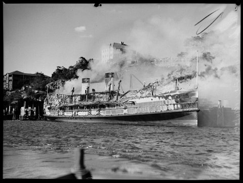 Sydney ferry BELLUBERA on fire 16 November 1936