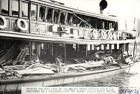 Sydney Ferry KURRABA collision damage, 1936