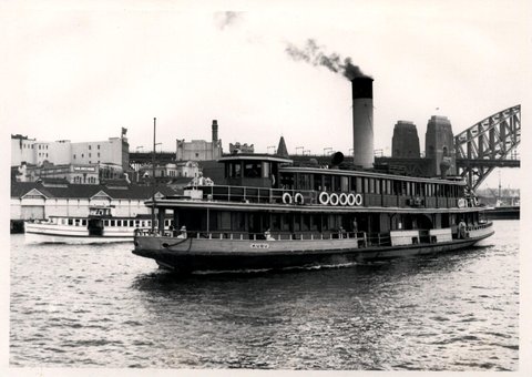 Sydney Ferry KUBU approaching Circular Quay Sunrise Star nearby 1950s