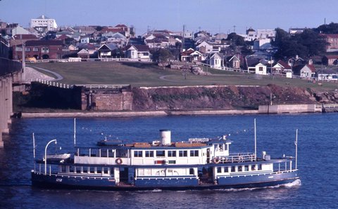 Sydney Ferry LADY SCOTT as cruise ferry just past Iron Cove Bridge 30 Oct 1972