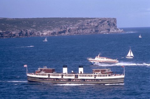 Sydney Ferry NORTH HEAD passing Hydrofoil ferry DEE WHY at North Head on Sydney Harbour 13 Jan 1974