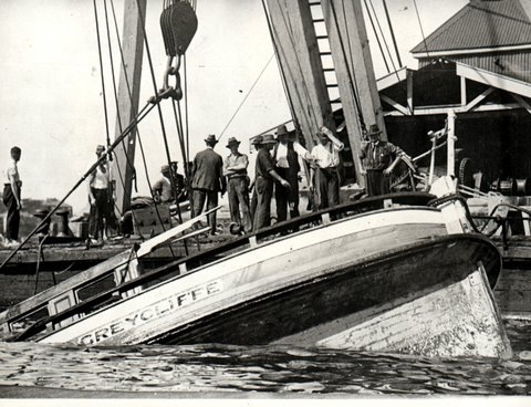 Sydney Harbour Ferry GREYCLIFFE - remains lifted from harbour after collision with SS TAHITI, 1927