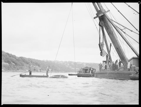 Sydney Ferry RODNEY being raised following capsize and sinking February 1938