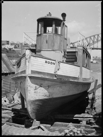 Launch Rodney being repaired on the step of Lavender Bay 19 April 1938