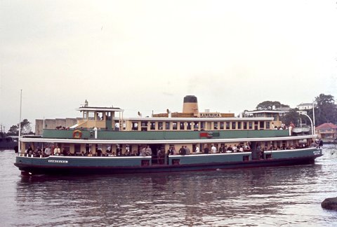 00443 101271 Sydney Ferries ferry Kameruka just after leaving Valentia St Wharf Woolwich on Sydney Harbour, 1971