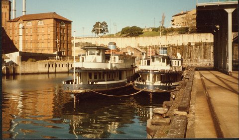 Sydney Ferries KAMERUKA and KARRABEE laid up in Pyrmont 1984