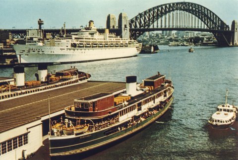 Sydney ferries SOUTH STEYNE and BARAGOOLA and hydrofoil MANLY near SS ORIANA at Circular Quay 1964