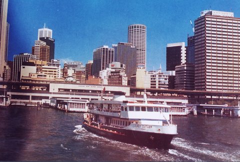 Sydney Ferry LADY CUTLER approaching Circular Quay circa 1980, c. 1980